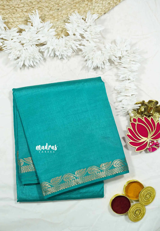 Turquoise blue - Lightweight Semi tussar saree wtih leaf border - Raaga