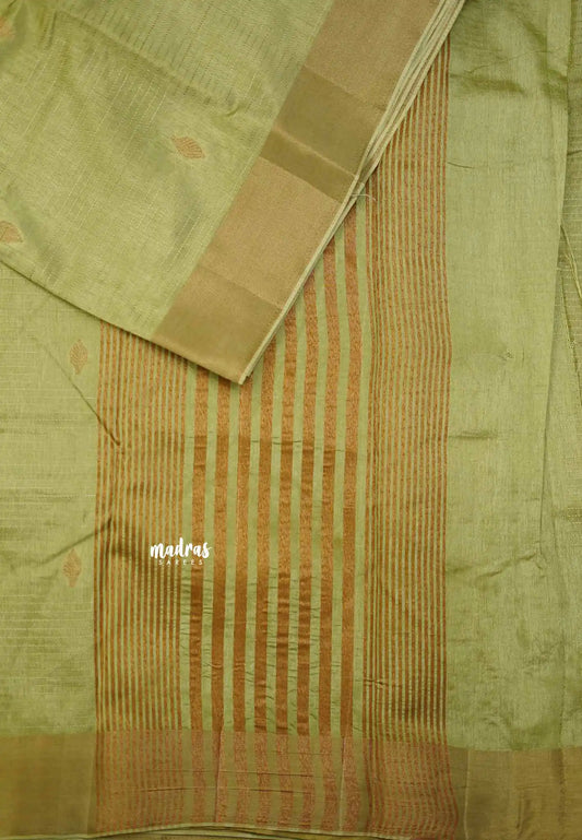 Raaga - Lightweight Semi tussar Leaf motif with kantha stich weaving  - Pastel elachi green