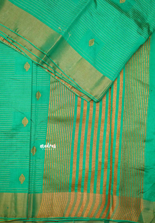 Raaga - Lightweight Semi tussar Leaf motif with kantha stich weaving  - Teal green