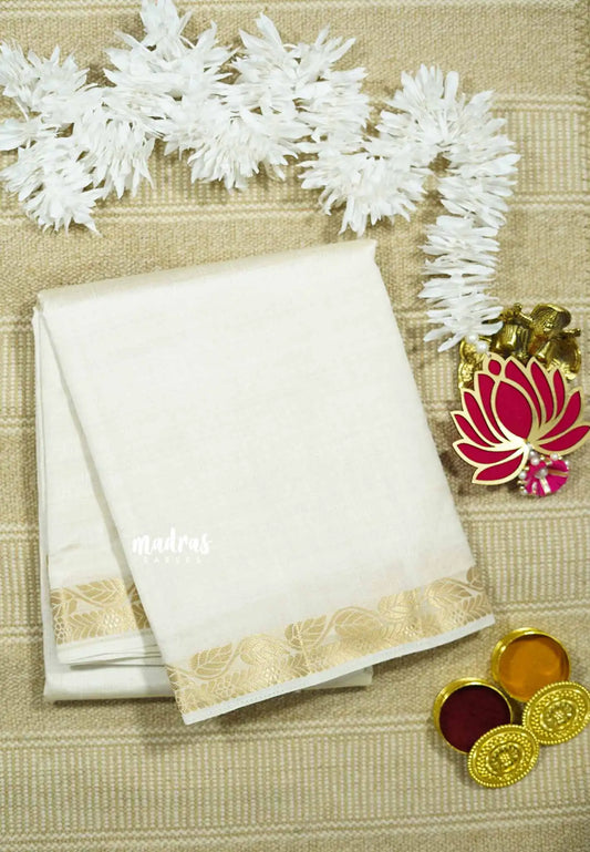 Cream white - Lightweight Semi tussar saree wtih leaf border - Raaga