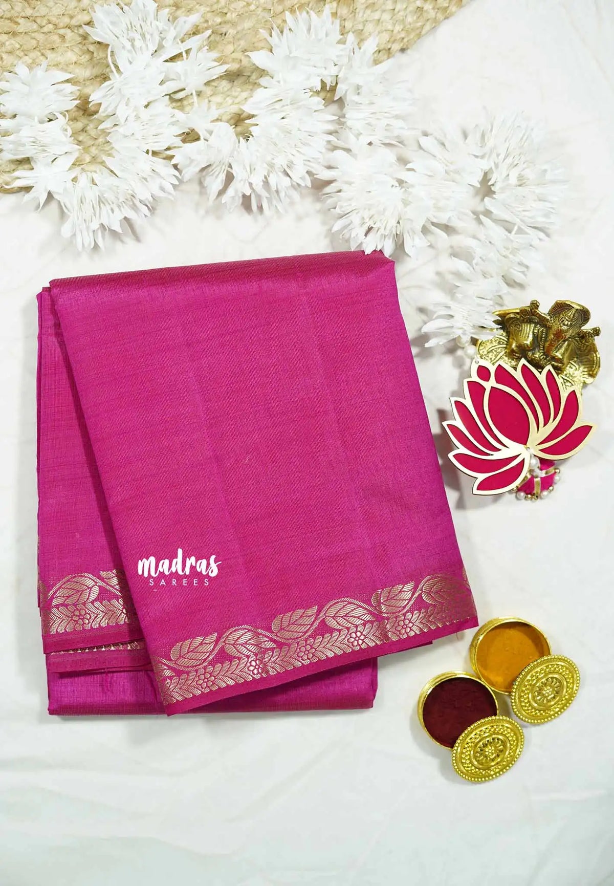 Rani pink - Lightweight Semi tussar saree wtih leaf border - Raaga