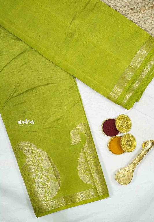 Raaga - Lightweight Semi tussar saree wtih Mango border - Fresh green