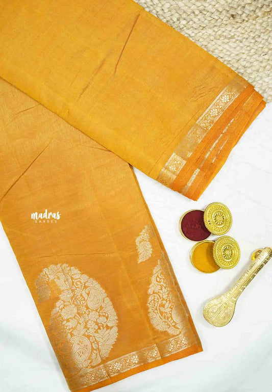 Raaga - Lightweight Semi tussar saree wtih Mango border - Mustard yellow