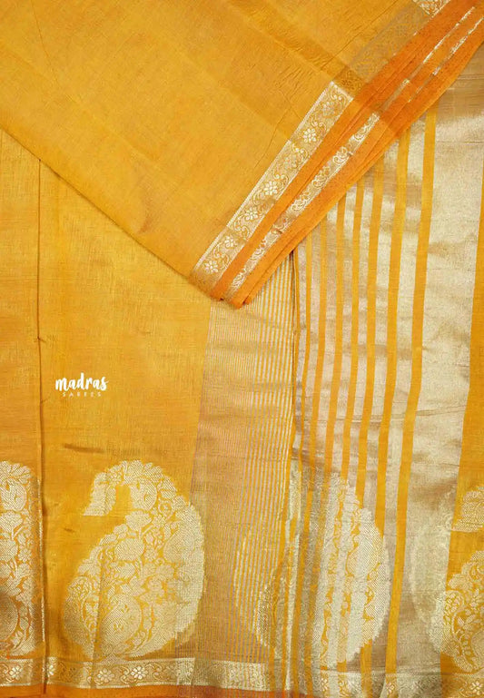 Raaga - Lightweight Semi tussar saree wtih Mango border - Mustard yellow