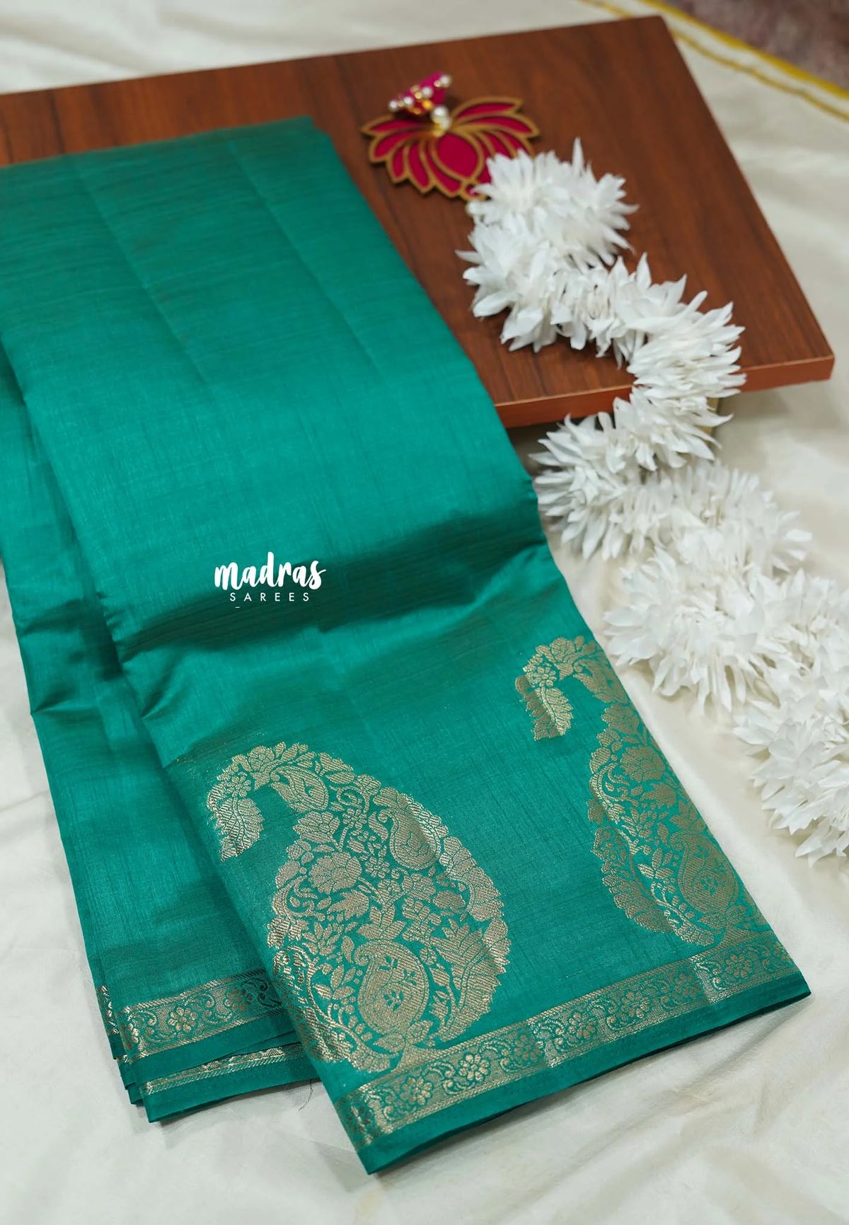 sapphire green - Lightweight Semi tussar saree wtih Mango border - Raaga
