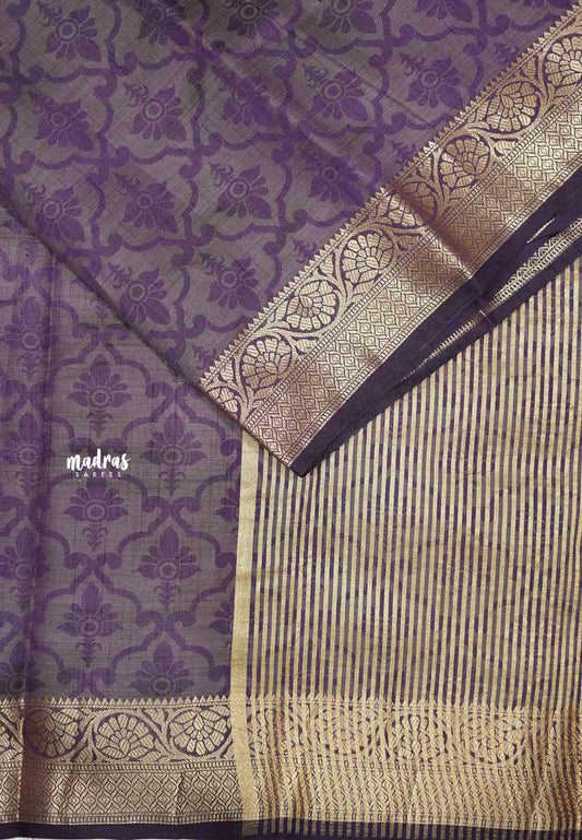 Raaga - Lightweight Semi tussar floral weaving body banarasi border - Grape purple