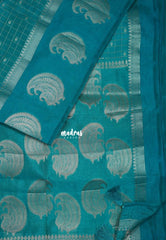 Teal Blue - Raaga Premium Semi tussar Checks Weaving with laksham Buttas Checks Body with Mango Border -  Perfect for Festive Wear