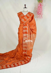 Dual shade Rust Orange - Raaga - Lightweight Semi Tussar Saree with Mango Border and Buttas - Best for Wedding Functions