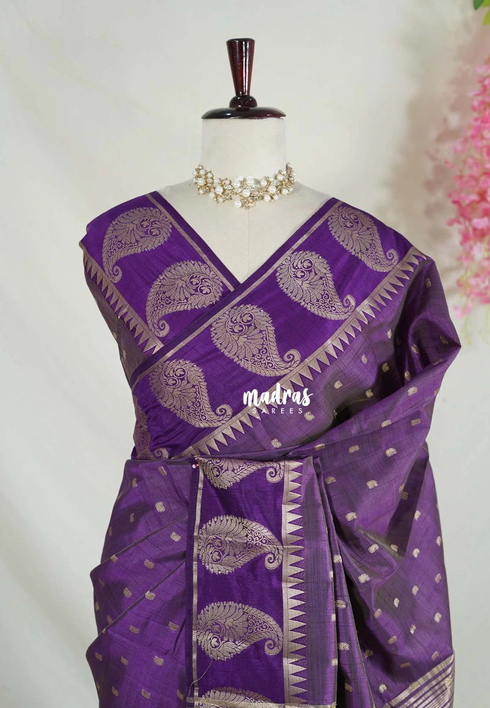 Dual shade Rich Purple - Raaga - Lightweight Semi Tussar Saree with Mango Border and Buttas - Best for Wedding Functions