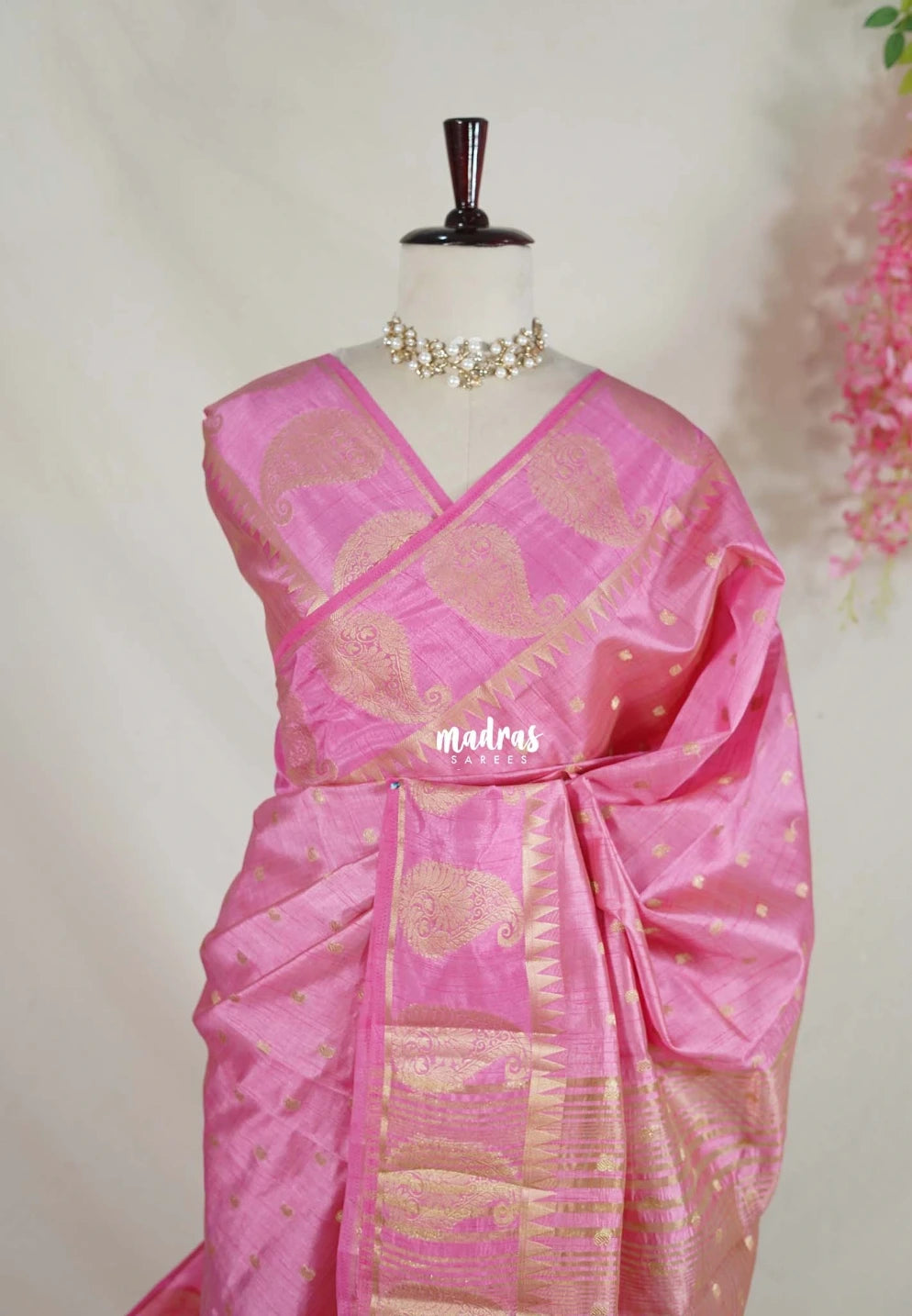 Dual shade Rose Pink - Raaga - Lightweight Semi Tussar Saree with Mango Border and Buttas - Best for Wedding Functions