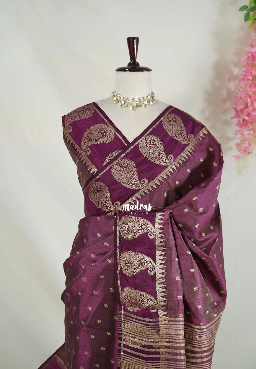 Dual shade Wine Purple - Raaga - Lightweight Semi Tussar Saree with Mango Border and Buttas - Best for Wedding Functions
