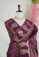 Dual shade Wine Purple - Raaga - Lightweight Semi Tussar Saree with Mango Border and Buttas - Best for Wedding Functions