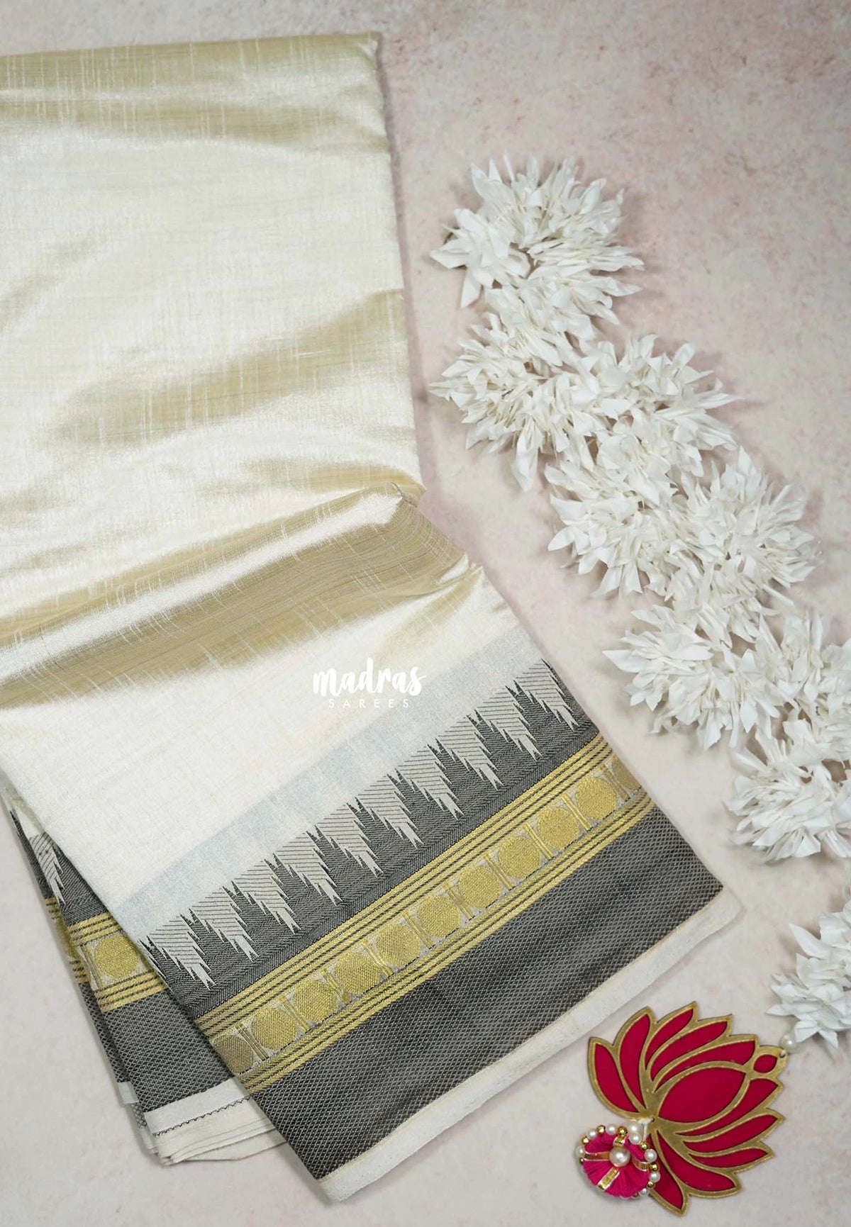Ivory White with Black - Raaga - Semi Tussar with Rudraksham Border - Best for Small Functions