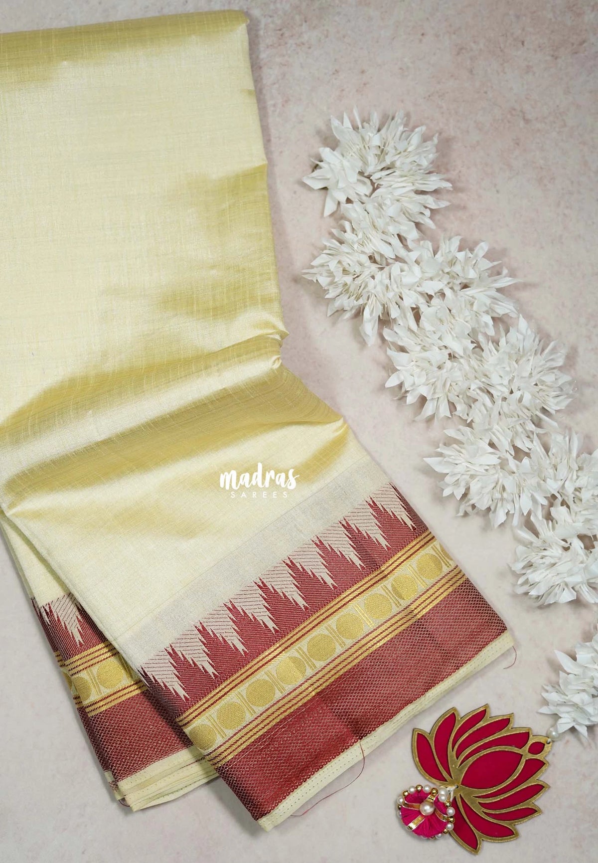 Ivory Beige with Maroon - Raaga - Semi Tussar with Rudraksham Border - Best for Small Functions