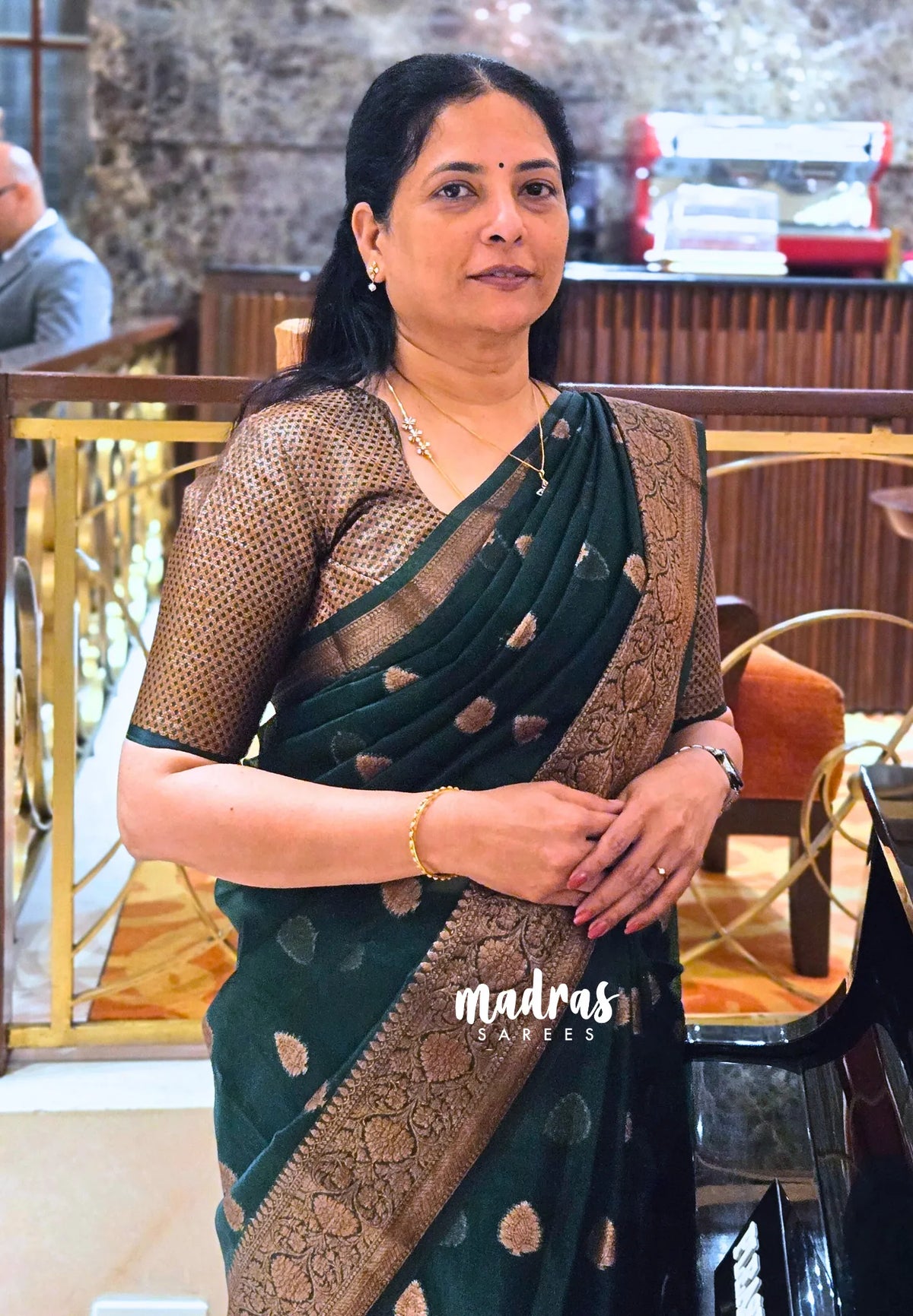 Midnight Emerald Green - Soft Organza Silk with Zari Weaving with Banarasi Antique Border - Best for wedding reception