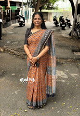 Mustard Orange - Linen Cotton Saree with Bagru Prints  - Best for Office Wear | Casual Wear