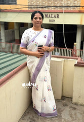 Frost White - Pragathi - Linen Cotton Saree with Flower Prints - Perfect for Office Wear | Summer wear | Casual Wear
