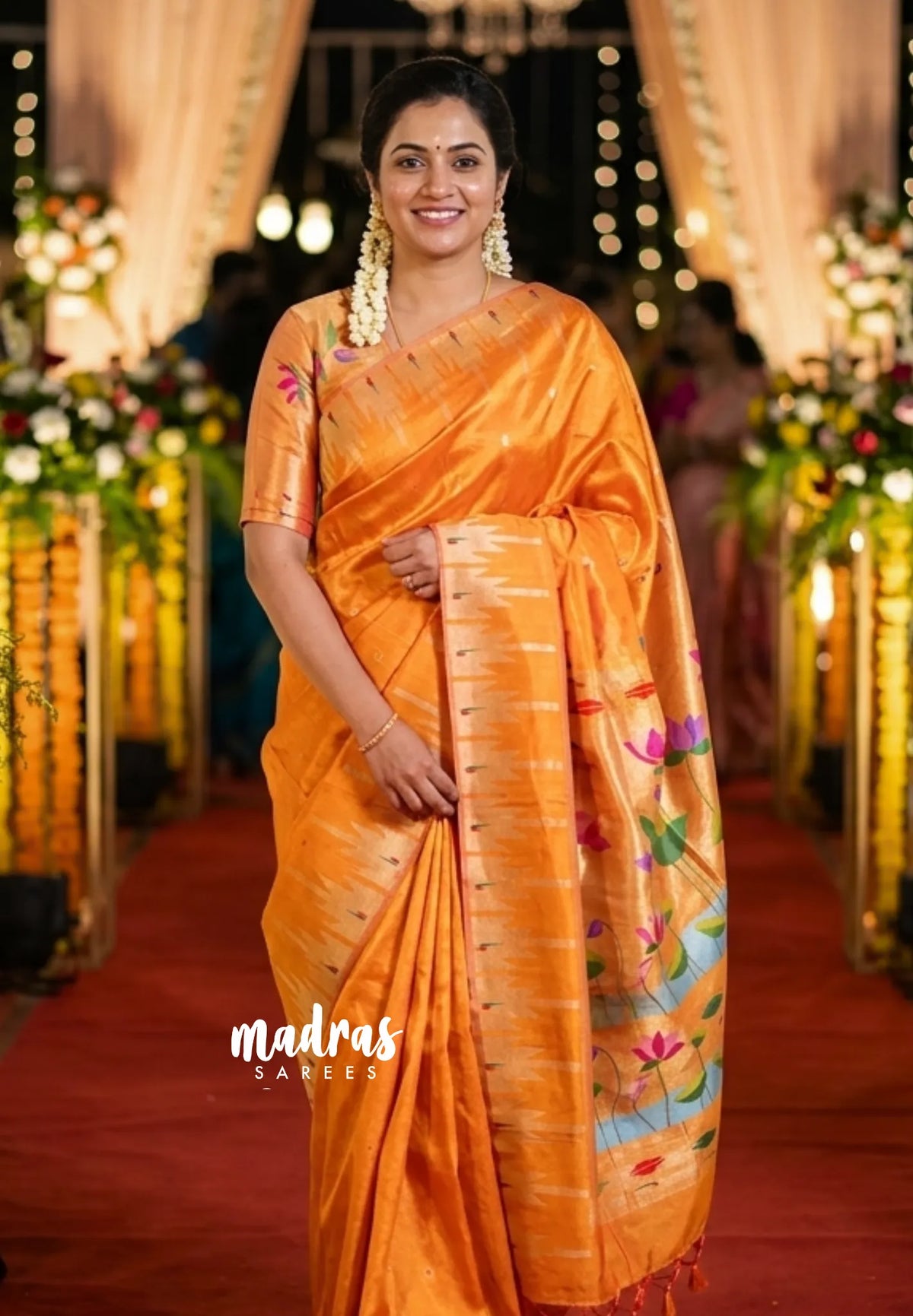 Saffron Orange - Manjari - Raw Silk Premium Paithani Weaving border and work Blouse  - Best for Small Functions | Pooja