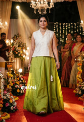 Ivory Cream with Green - Mamitha - Full flare chanderi silk skirt with raw silk shirt combo