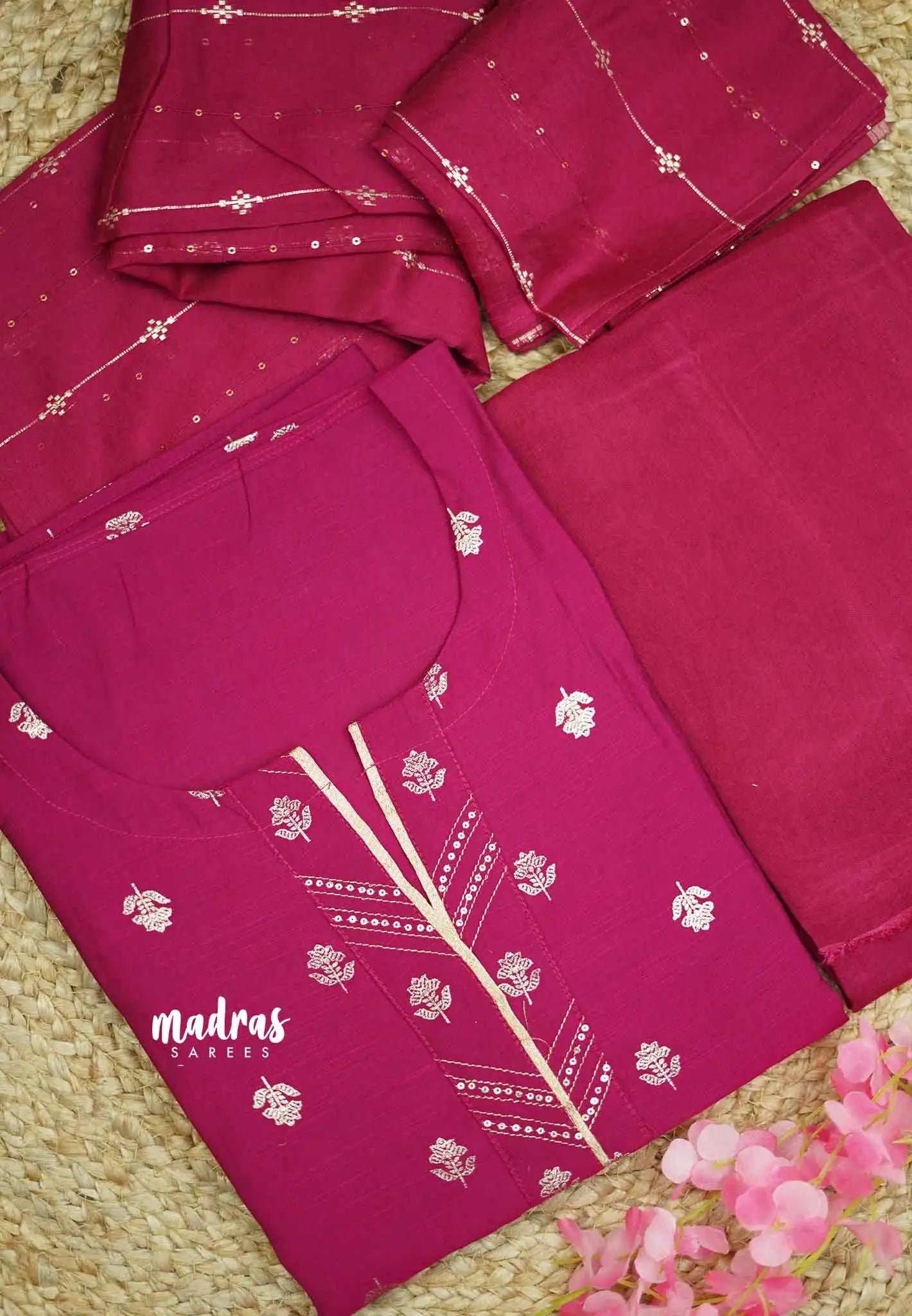 Raw silk semi stitched salwar suit with fancy dupatta - Rani pink ...