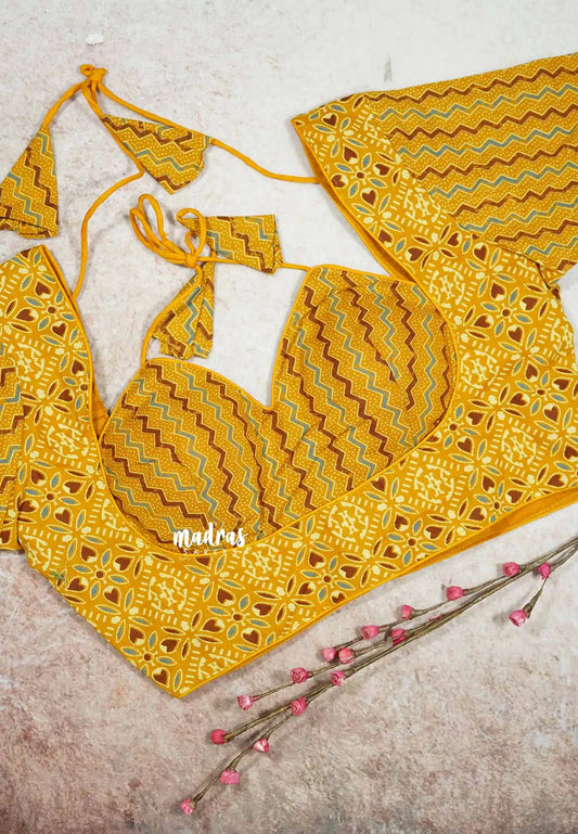 Yellow - Aazhi - Back Open Padded Ajrakh Cotton Halter Neck Blouse