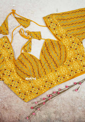 Yellow - Aazhi - Back Open Padded Ajrakh Cotton Halter Neck Blouse