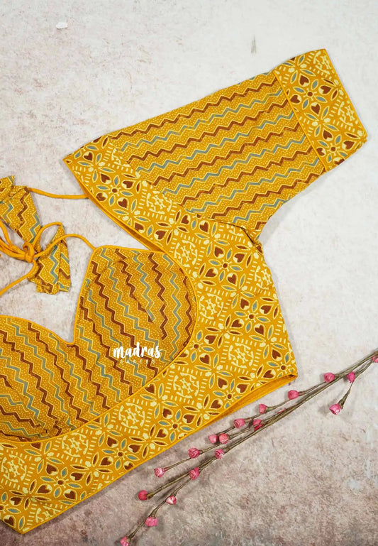 Yellow - Aazhi - Back Open Padded Ajrakh Cotton Halter Neck Blouse