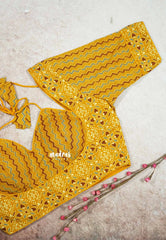 Yellow - Aazhi - Back Open Padded Ajrakh Cotton Halter Neck Blouse