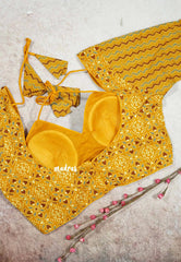 Yellow - Aazhi - Back Open Padded Ajrakh Cotton Halter Neck Blouse