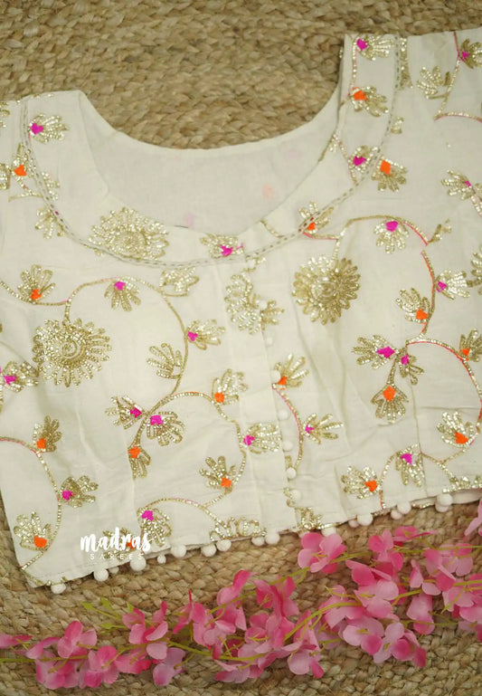 Camric cotton Creamy white Full embroidery work Readymade blouse Design 4