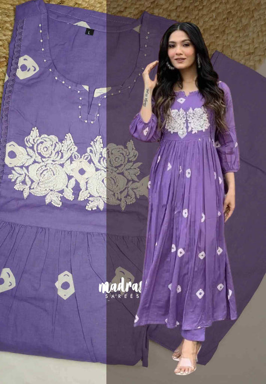 Flared Cotton Co ord Set with Embroidery - Lavender