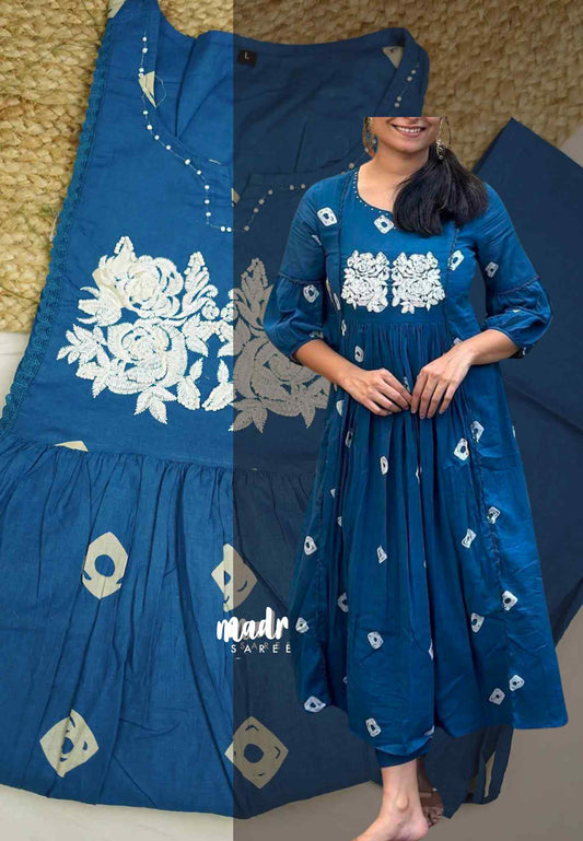 Flared Cotton Co ord Set with Embroidery - Cobalt Blue