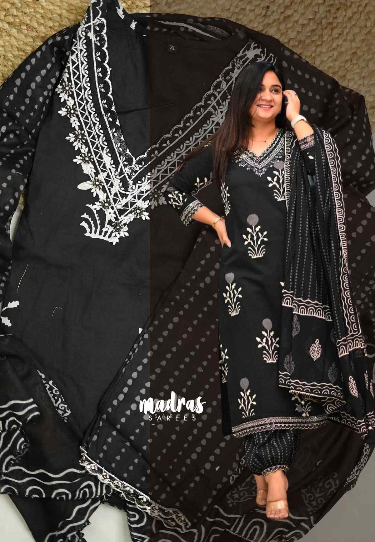 Straight cotton Printed kurti Afghani Pant Co ord set with dupatta - Black