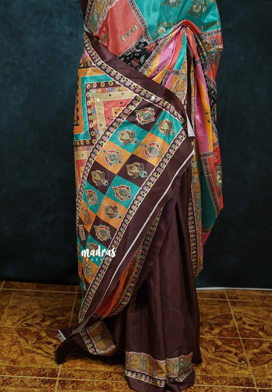 Multicolor with brown - Mirror Work Chinon Silk Partly Pallu Saree with Rich Pallu