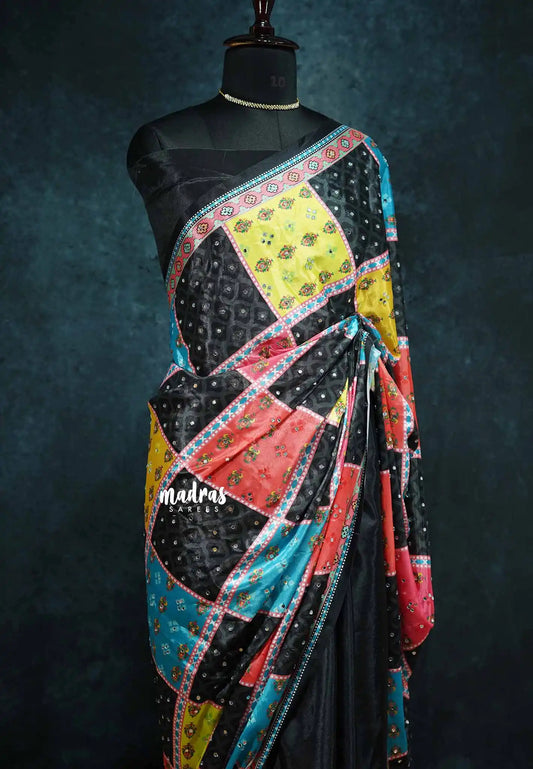 Multicolor with black - Mirror Work Chinon Silk Partly Pallu Saree with Rich Pallu