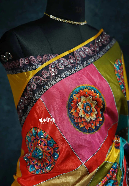Multicolor with yellow - Mirror Work Chinon Silk Partly Pallu Saree with Rich Pallu