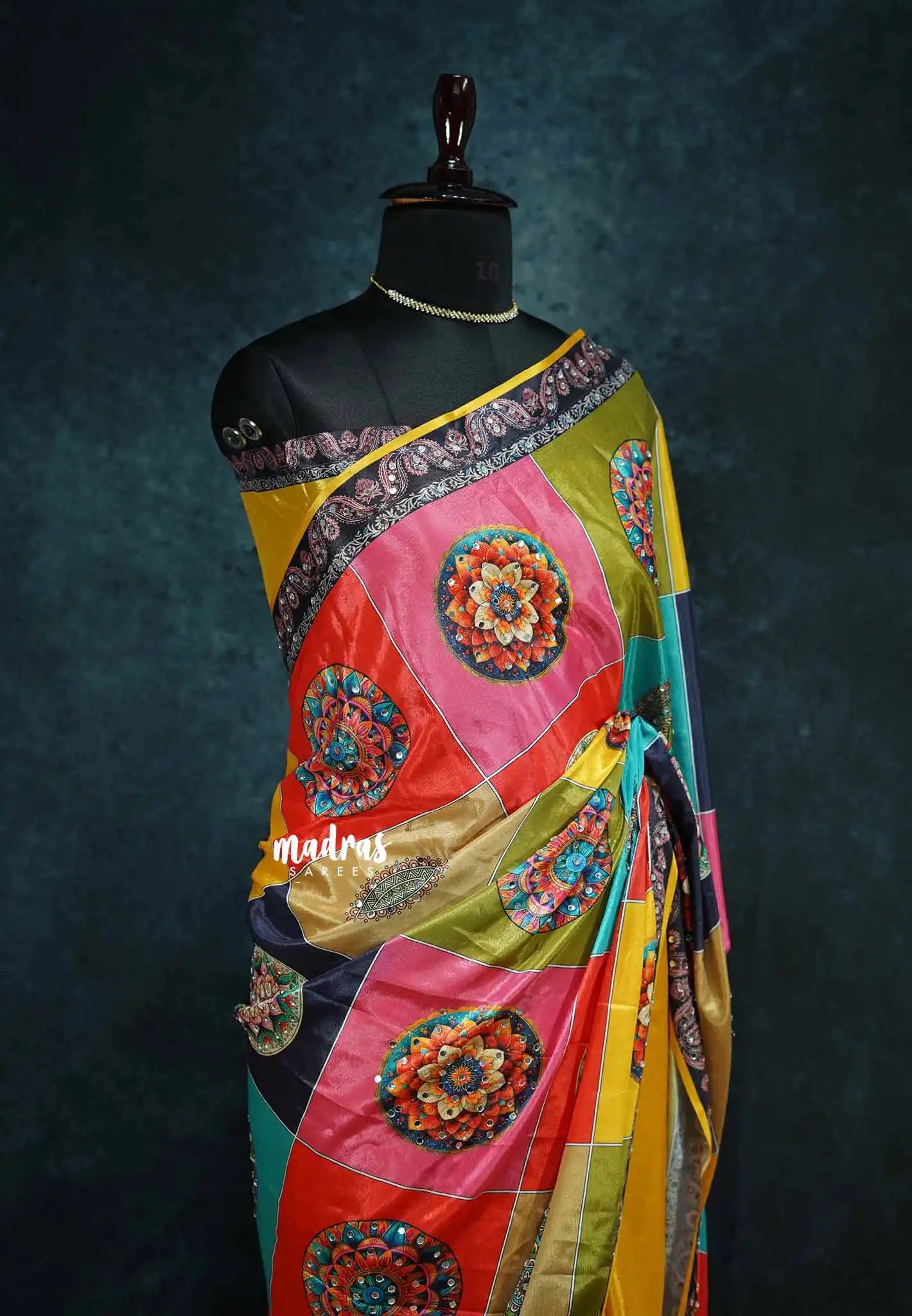 Multicolor with yellow - Mirror Work Chinon Silk Partly Pallu Saree with Rich Pallu