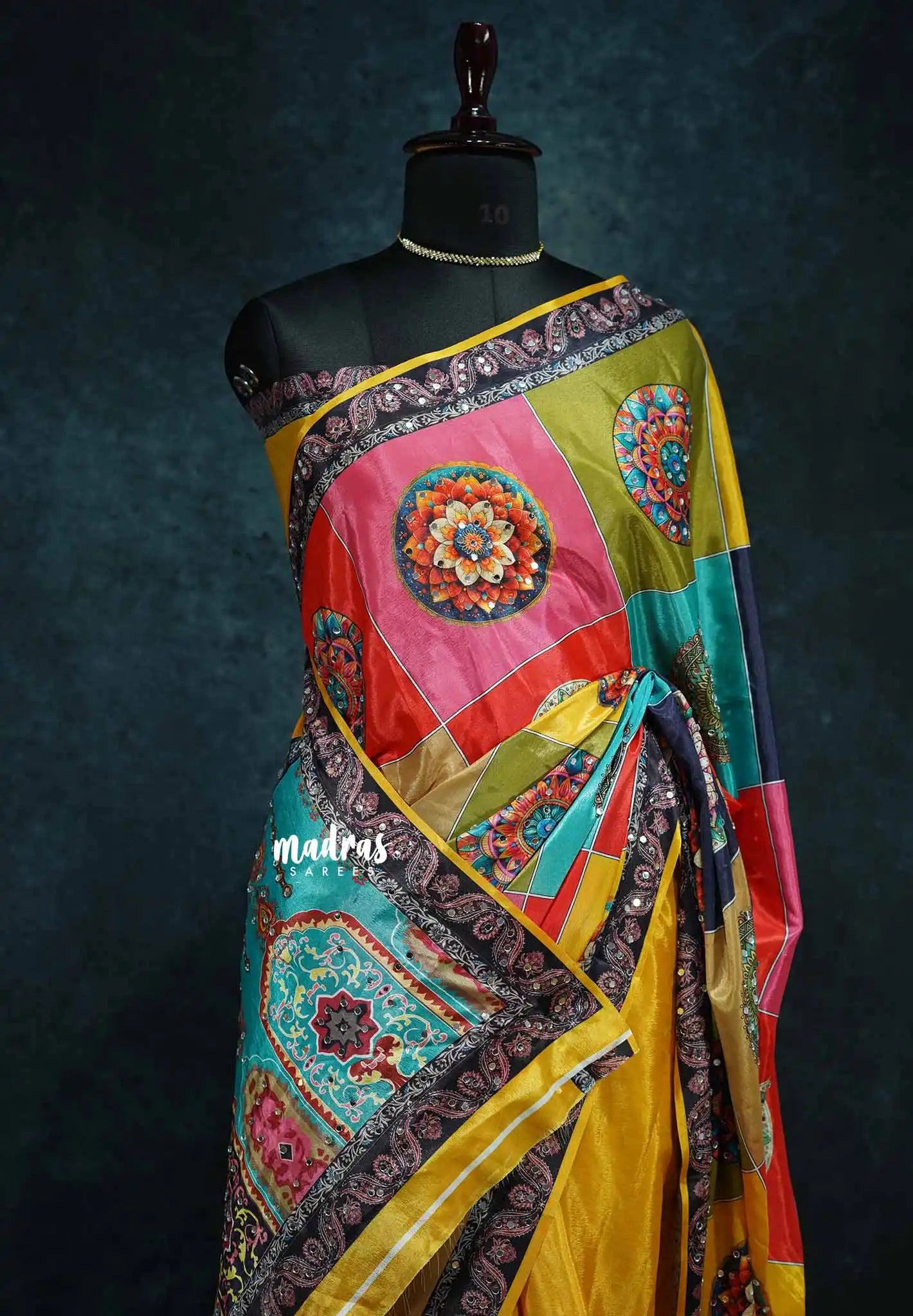 Multicolor with yellow - Mirror Work Chinon Silk Partly Pallu Saree with Rich Pallu