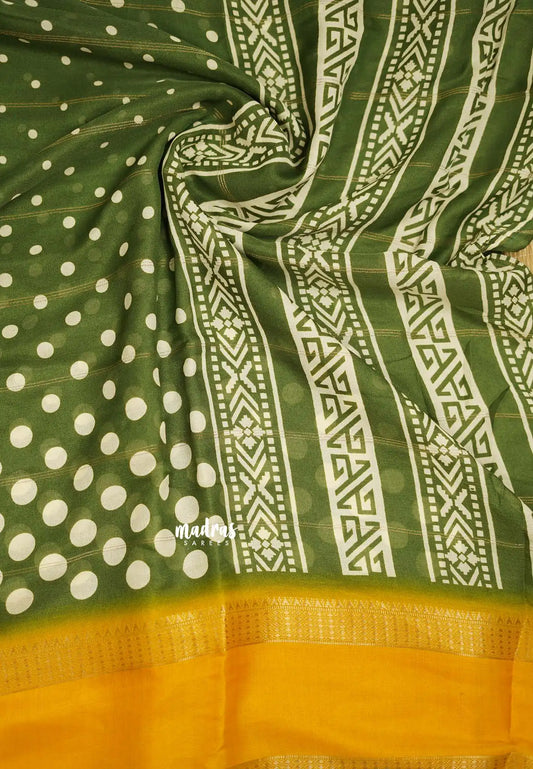 Amala - Retro Crepe silk with polka dots with rettapet border - Green with yellow border