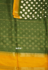 Amala - Retro Crepe silk with polka dots with rettapet border - Green with yellow border