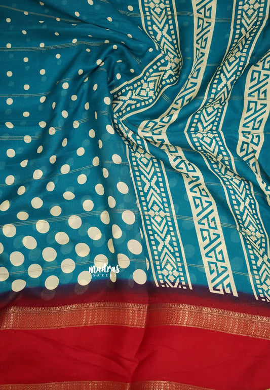 Amala - Retro Crepe silk with polka dots with rettapet border - Teal Blue with Red border