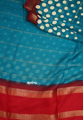 Amala - Retro Crepe silk with polka dots with rettapet border - Teal Blue with Red border