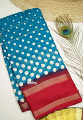 Amala - Retro Crepe silk with polka dots with rettapet border - Teal Blue with Red border