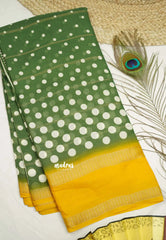 Amala - Retro Crepe silk with polka dots with rettapet border - Green with yellow border