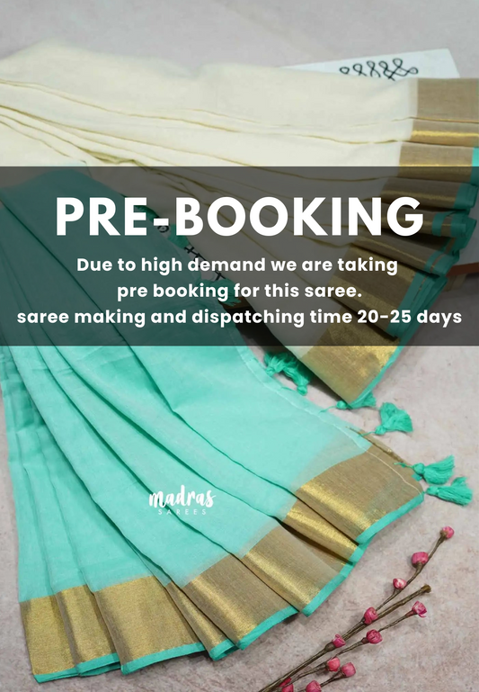 (PRE-BOOKING) Half white with turquoise blue - Blush & Breeze – Reversible Kerala Mul Cotton Saree