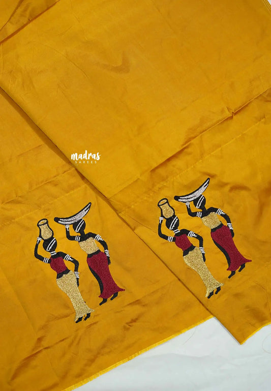 Turmeric yellow - Mayuri - 1 mtr Silk Cotton Embroidered Blouse Piece – Village Folk Art Motif