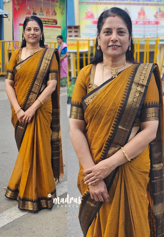Mustard Yellow - Karthigai silk cotton plain body self rudraksham border