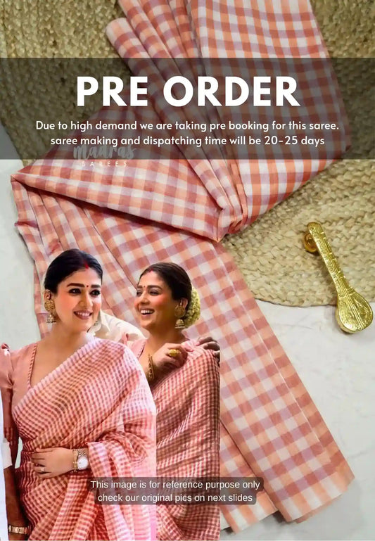 Nayanthara inspired - Premium cotton silk with small checks - Peach pink