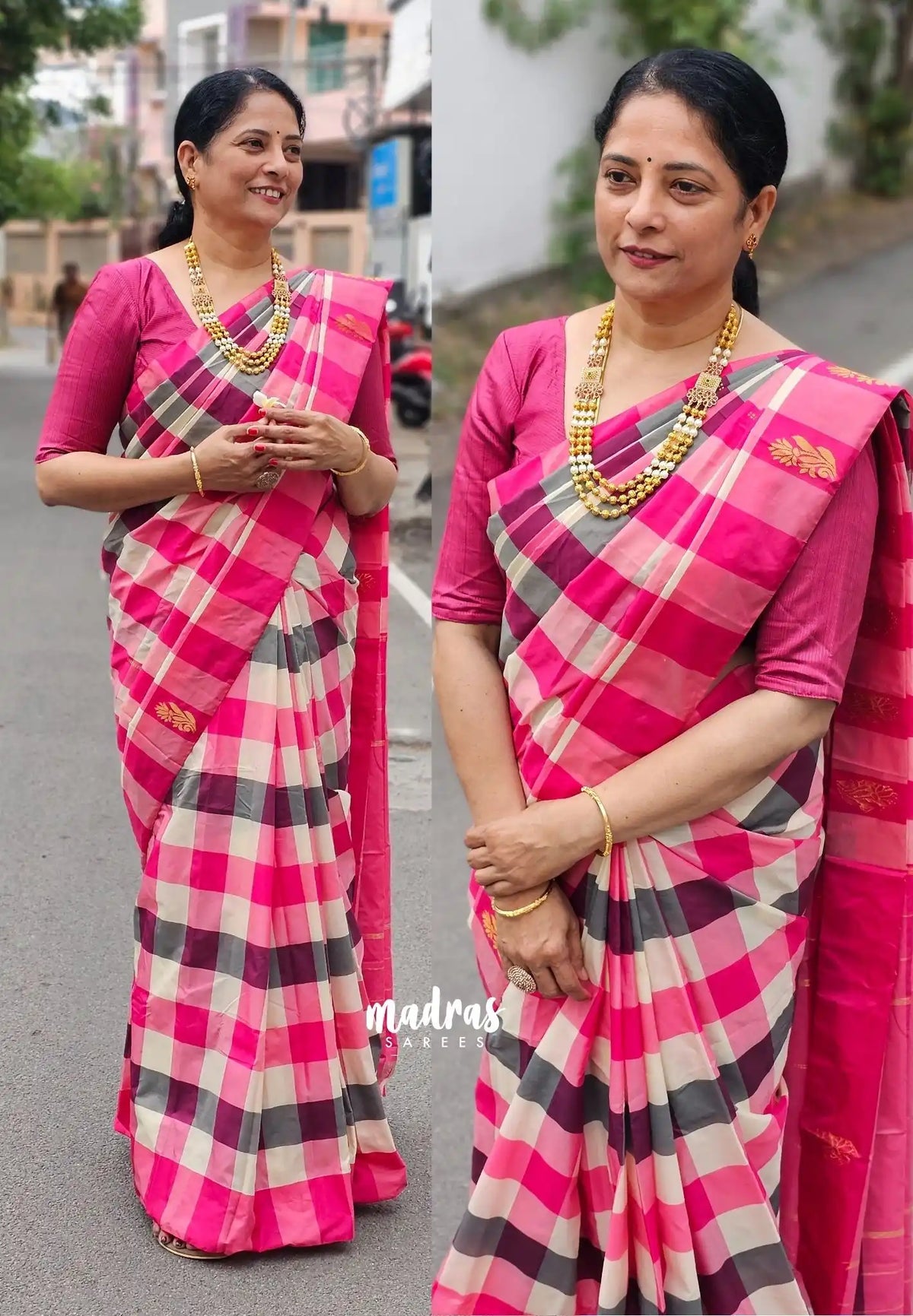Pink white kattam - Arani semi silk saree multi colour checks - Paalum Pazhamum