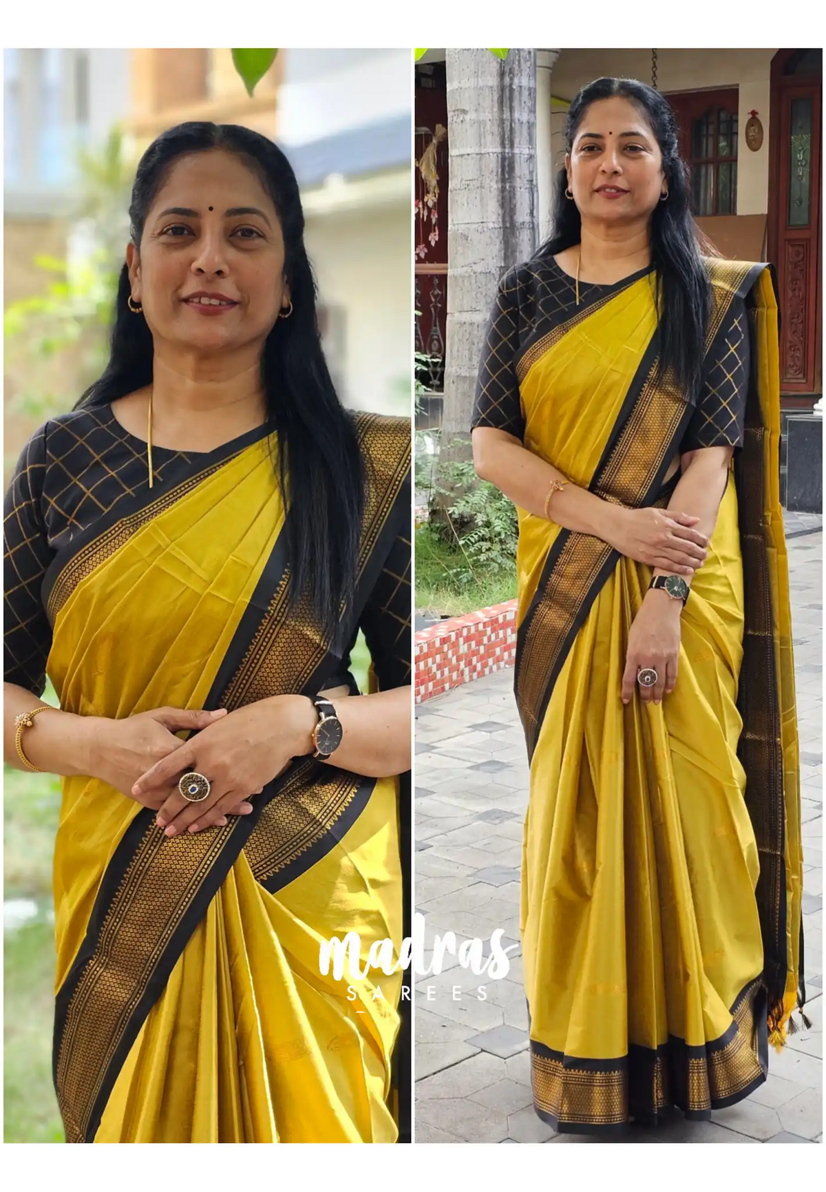 Sico Gadwal semi silk yellow body with black border saree